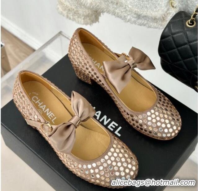 Good Product Chanel Satin & Strass Mary Janes Pumps 5cm with Bow Dark Beige 722127