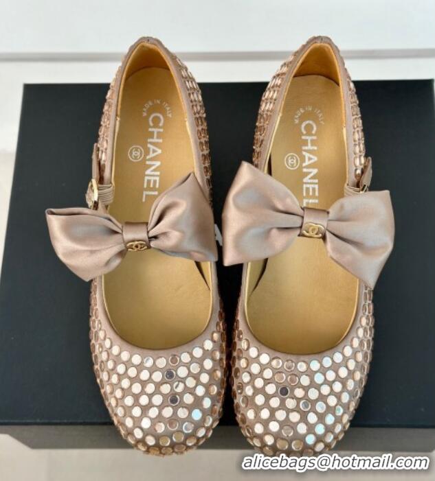 Good Product Chanel Satin & Strass Mary Janes Pumps 5cm with Bow Dark Beige 722127