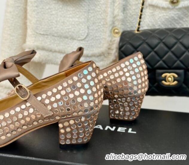 Good Product Chanel Satin & Strass Mary Janes Pumps 5cm with Bow Dark Beige 722127