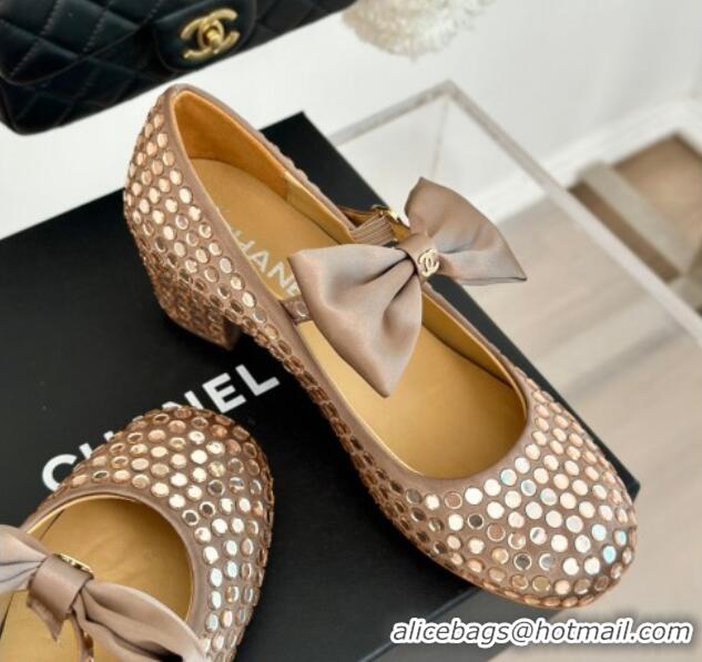 Good Product Chanel Satin & Strass Mary Janes Pumps 5cm with Bow Dark Beige 722127