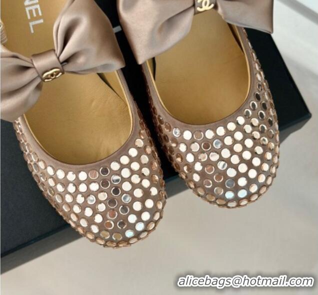 Good Product Chanel Satin & Strass Mary Janes Pumps 5cm with Bow Dark Beige 722127