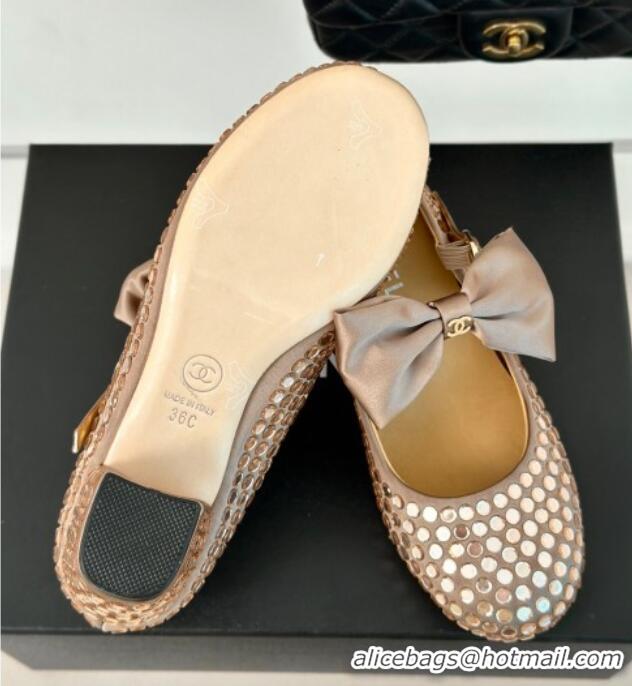 Good Product Chanel Satin & Strass Mary Janes Pumps 5cm with Bow Dark Beige 722127