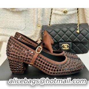 Popular Style Chanel Satin & Strass Mary Janes Pumps 5cm with Bow Brown 722128