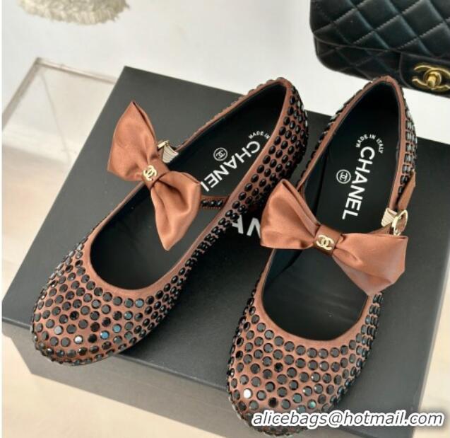 Popular Style Chanel Satin & Strass Mary Janes Pumps 5cm with Bow Brown 722128