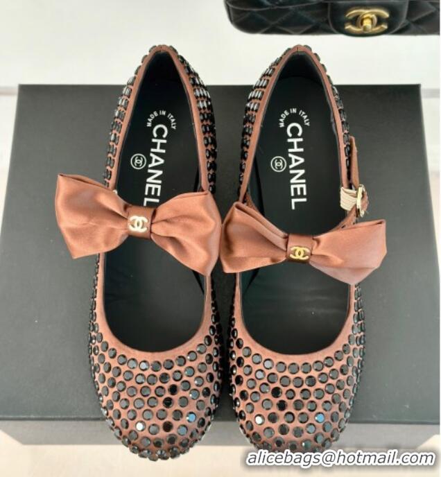 Popular Style Chanel Satin & Strass Mary Janes Pumps 5cm with Bow Brown 722128