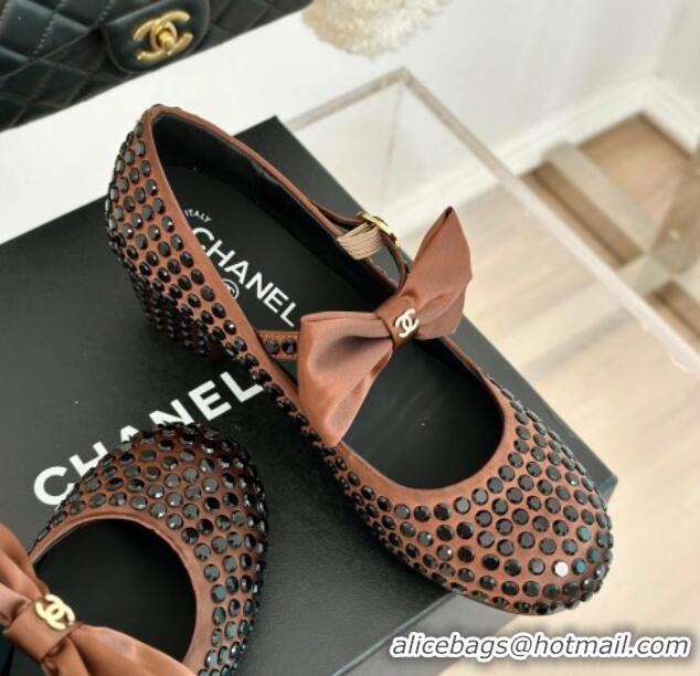 Popular Style Chanel Satin & Strass Mary Janes Pumps 5cm with Bow Brown 722128