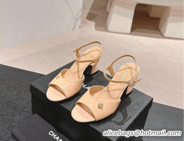 Classic Hot Chanel Patent Calfskin Heel Sandals Beige 722130