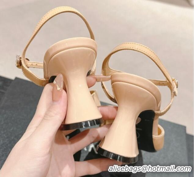 Classic Hot Chanel Patent Calfskin Heel Sandals Beige 722130