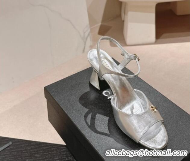 Grade Quality Chanel Patent Calfskin Heel Sandals Silver 722131