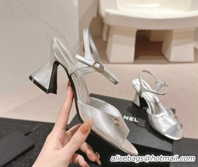 Grade Quality Chanel Patent Calfskin Heel Sandals Silver 722131