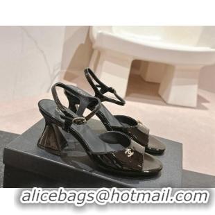 Best Grade Chanel Patent Calfskin Heel Sandals Black 722132