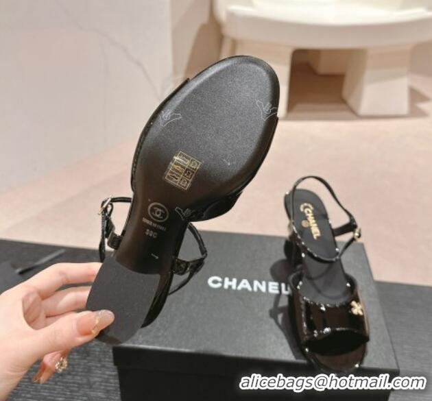 Best Grade Chanel Patent Calfskin Heel Sandals Black 722132