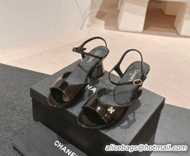 Best Grade Chanel Patent Calfskin Heel Sandals Black 722132