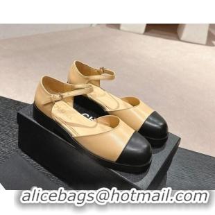 Good Looking Chanel Calfskin Flat Mary Janes 3cm Beige 722134