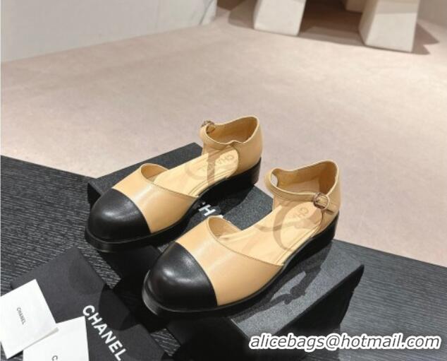 Good Looking Chanel Calfskin Flat Mary Janes 3cm Beige 722134