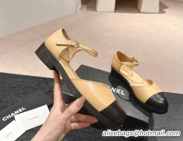 Good Looking Chanel Calfskin Flat Mary Janes 3cm Beige 722134