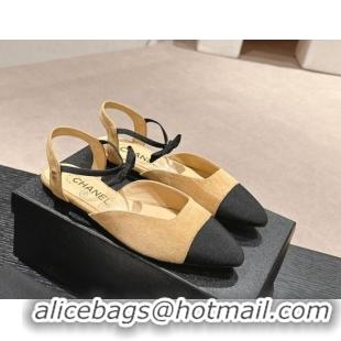 Good Quality Chanel Suede Slingback Flats with Bow Apricot 722137