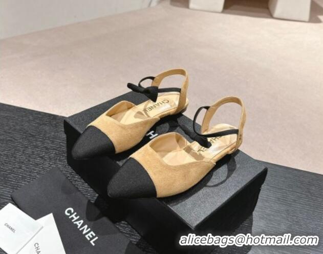 Good Quality Chanel Suede Slingback Flats with Bow Apricot 722137