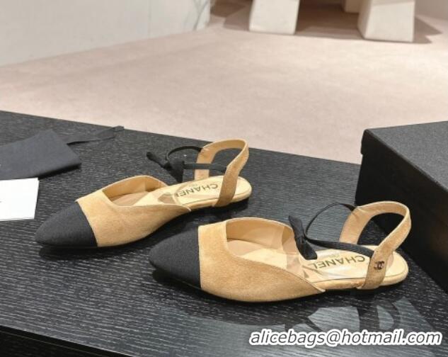 Good Quality Chanel Suede Slingback Flats with Bow Apricot 722137