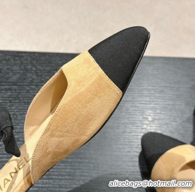 Good Quality Chanel Suede Slingback Flats with Bow Apricot 722137