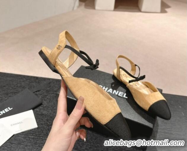 Good Quality Chanel Suede Slingback Flats with Bow Apricot 722137