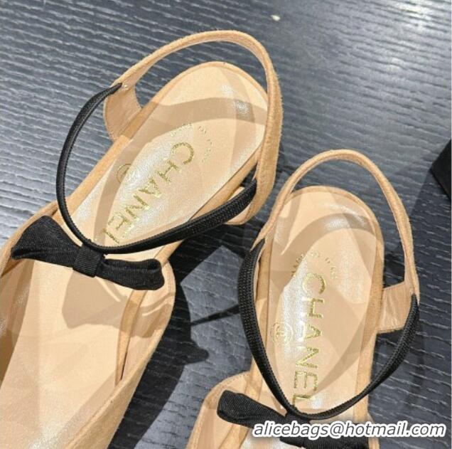 Good Quality Chanel Suede Slingback Flats with Bow Apricot 722137