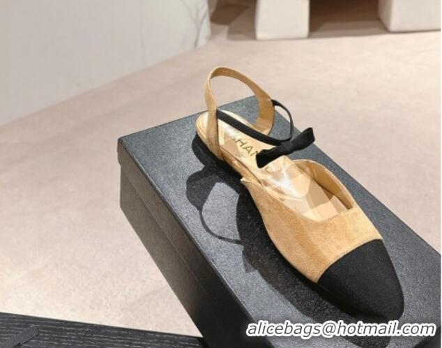 Good Quality Chanel Suede Slingback Flats with Bow Apricot 722137