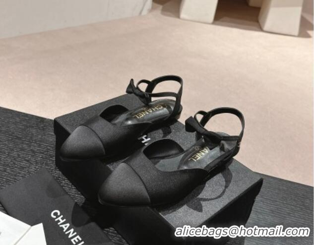 Popular Style Chanel Satin Slingback Flats with Bow Black 722138