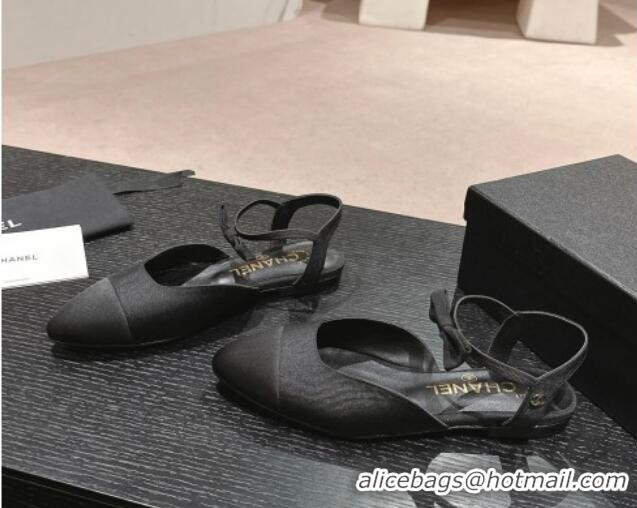 Popular Style Chanel Satin Slingback Flats with Bow Black 722138