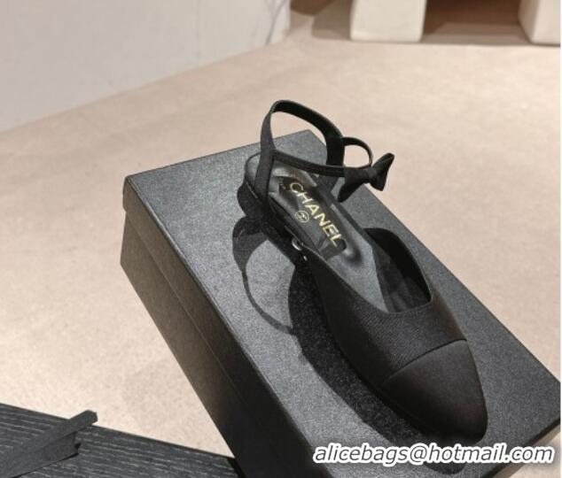 Popular Style Chanel Satin Slingback Flats with Bow Black 722138