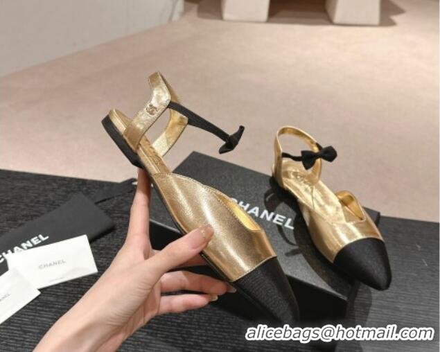 Good Product Chanel Calfskin Slingback Flats with Bow Gold 722139