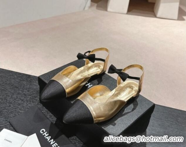 Good Product Chanel Calfskin Slingback Flats with Bow Gold 722139