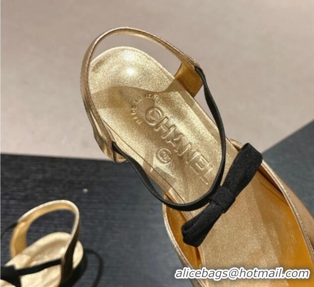 Good Product Chanel Calfskin Slingback Flats with Bow Gold 722139