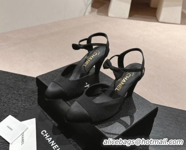 Unique Style Chanel Satin Slingback Pumps 8cm with Bow Black 722140