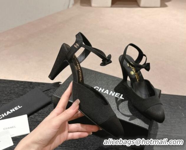 Unique Style Chanel Satin Slingback Pumps 8cm with Bow Black 722140