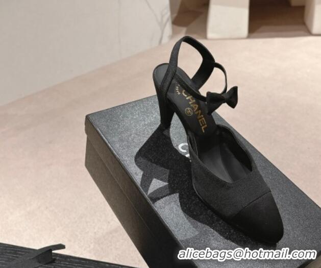 Unique Style Chanel Satin Slingback Pumps 8cm with Bow Black 722140