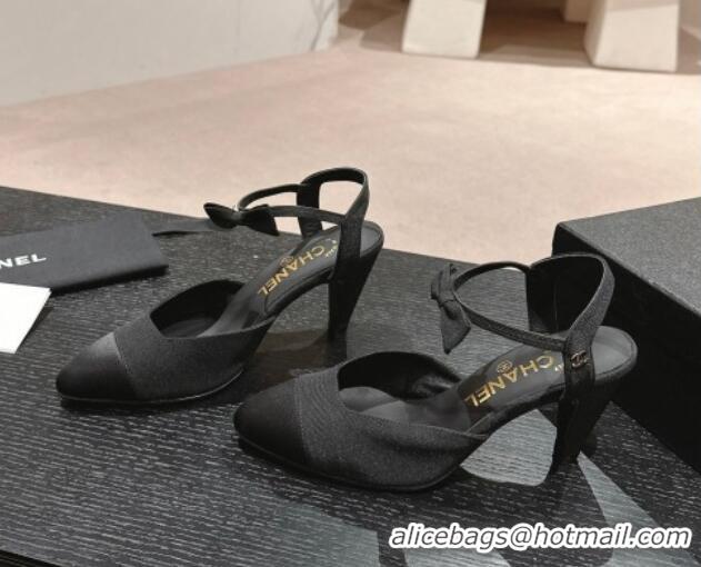 Unique Style Chanel Satin Slingback Pumps 8cm with Bow Black 722140