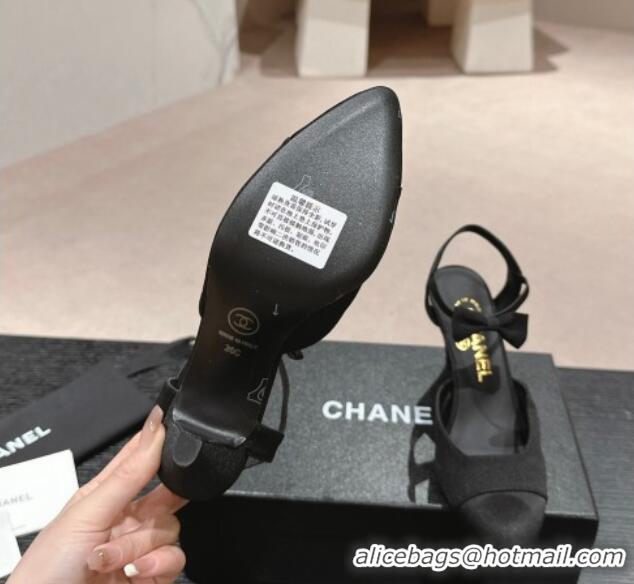 Unique Style Chanel Satin Slingback Pumps 8cm with Bow Black 722140