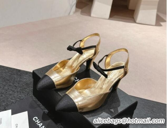 Top Design Chanel Calfskin Slingback Pumps 8cm with Bow Gold 722141