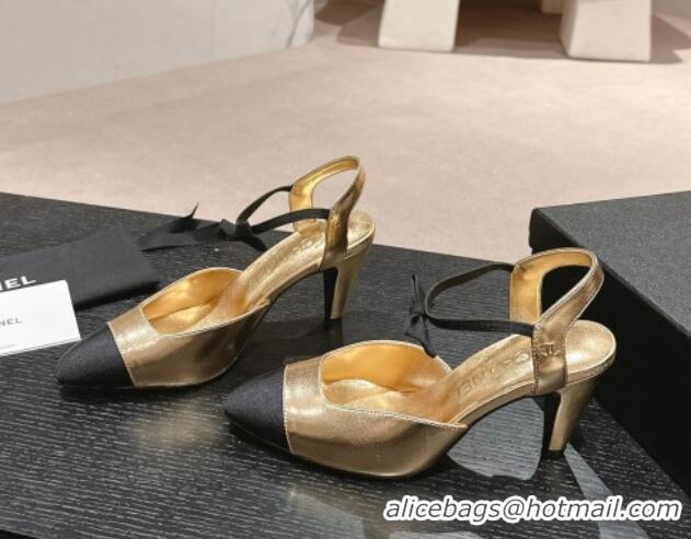 Top Design Chanel Calfskin Slingback Pumps 8cm with Bow Gold 722141