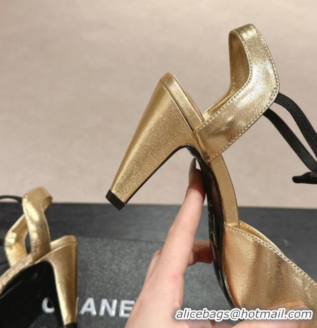 Top Design Chanel Calfskin Slingback Pumps 8cm with Bow Gold 722141