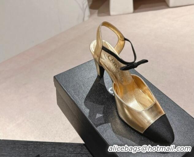 Top Design Chanel Calfskin Slingback Pumps 8cm with Bow Gold 722141