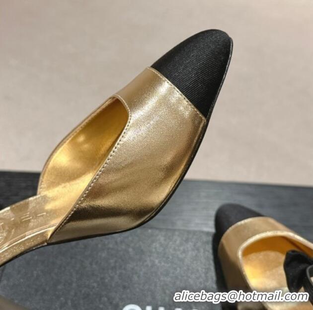 Top Design Chanel Calfskin Slingback Pumps 8cm with Bow Gold 722141