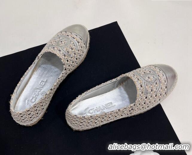 Luxury Cheap Chanel Woven Espadrilles Flat Silver 723001