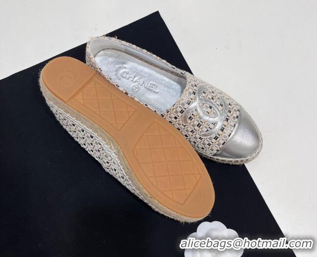 Luxury Cheap Chanel Woven Espadrilles Flat Silver 723001