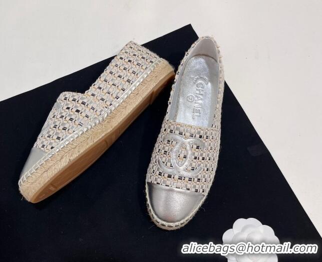 Luxury Cheap Chanel Woven Espadrilles Flat Silver 723001