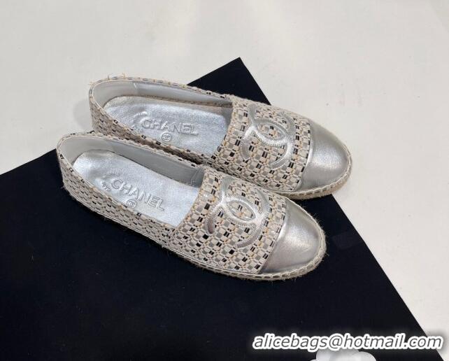 Luxury Cheap Chanel Woven Espadrilles Flat Silver 723001