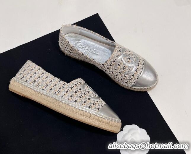 Luxury Cheap Chanel Woven Espadrilles Flat Silver 723001