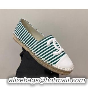 Top Grade Chanel Coco Beach Stripes Printed Fabric Espadrilles Flat Green 7230010