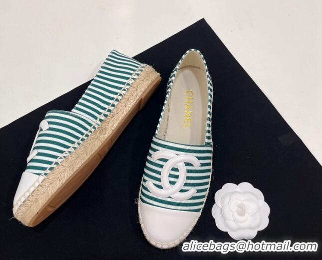 Top Grade Chanel Coco Beach Stripes Printed Fabric Espadrilles Flat Green 7230010